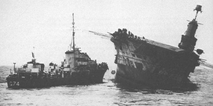 British carrier HMS Ark Royal under tow after being torpedoed by U-81 (Guggenberger)....