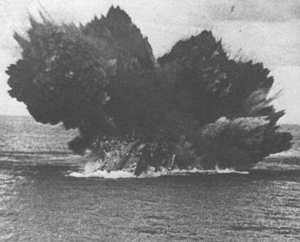 The sinking of HMS Barham as the magazine section blows up.