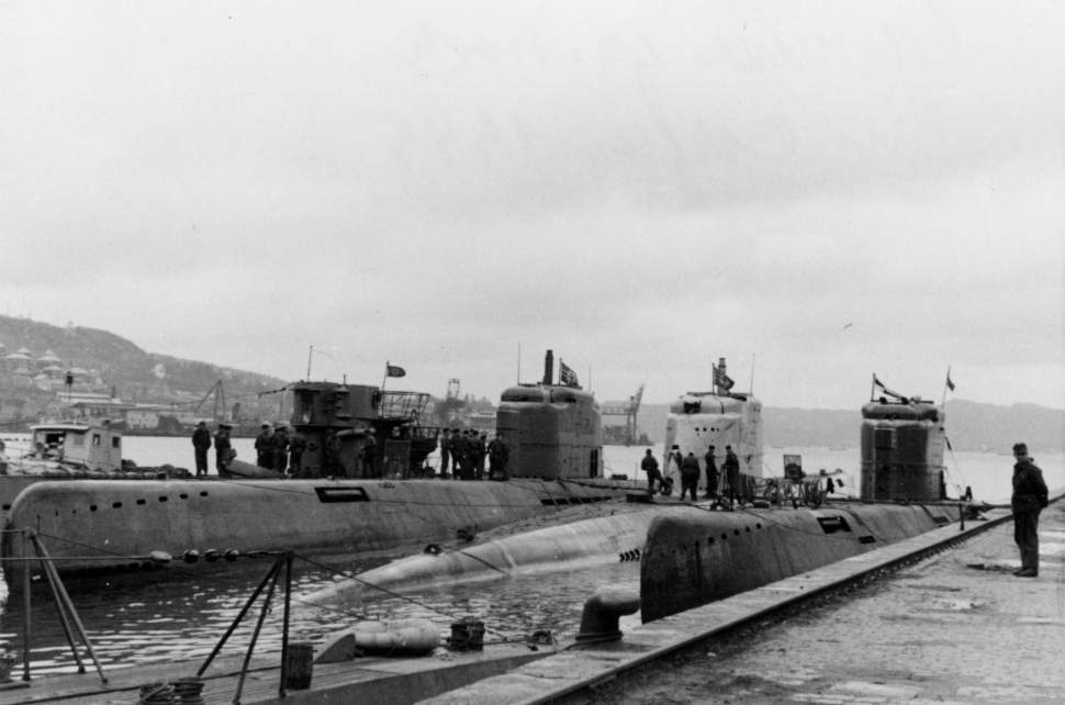 Three Elektroboat Type XXI U-Boat in Norway, Bergen, 1945. In the center is U-2511,...