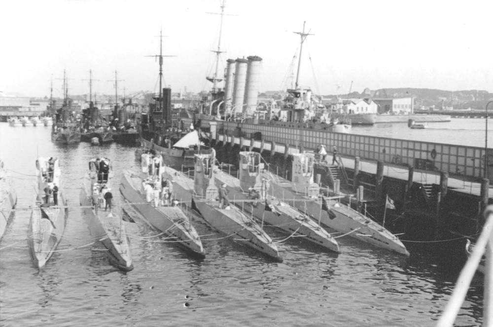 Seven Type II U-Boats of the Weddigen flotilla, 1935. Weddigen is named after the...