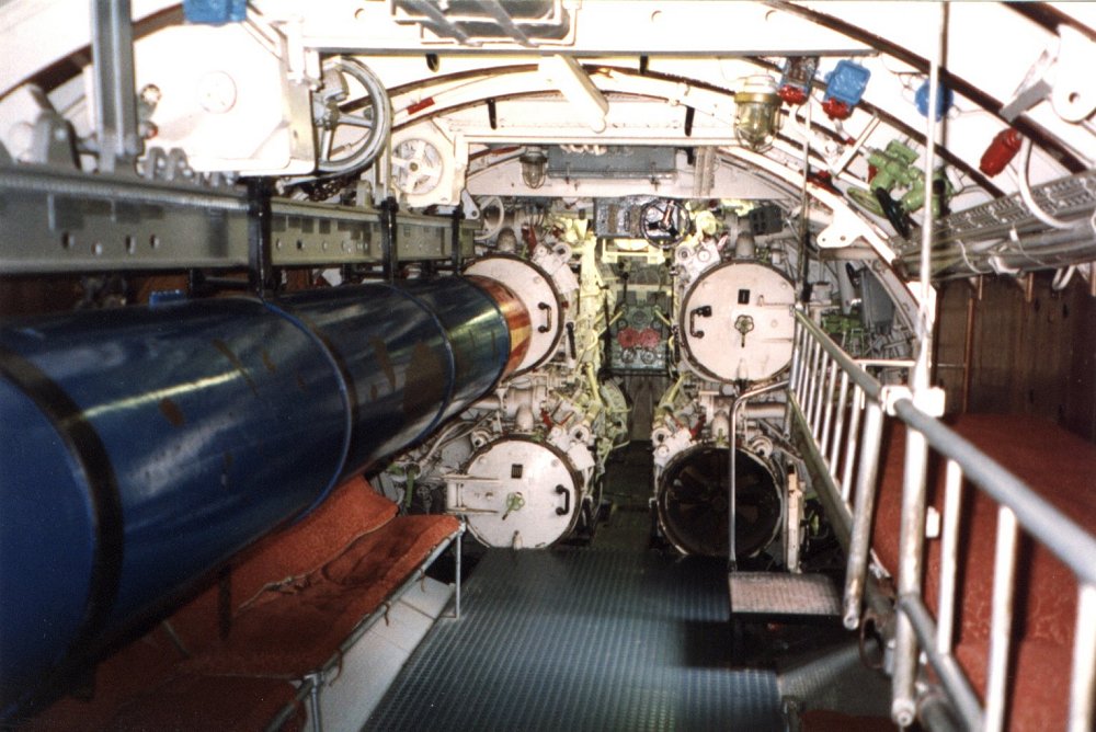 Forward torpedo room of U-995, a Type VIIC boat.