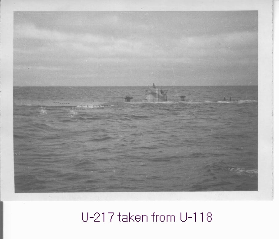 The U-217 photographed from the U-118. The U-217 was lost with all hands in June 1943...