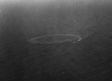 U-199 circles after first two depth bomb attacks by LT.JG Smith's PBM.