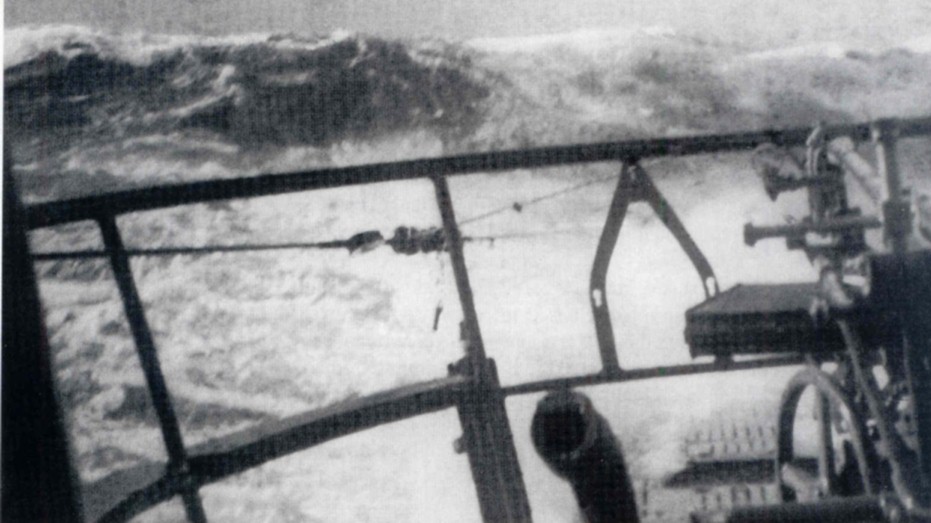 Bridge view of the stormy seas from the bridge of a u-boat on patrol.