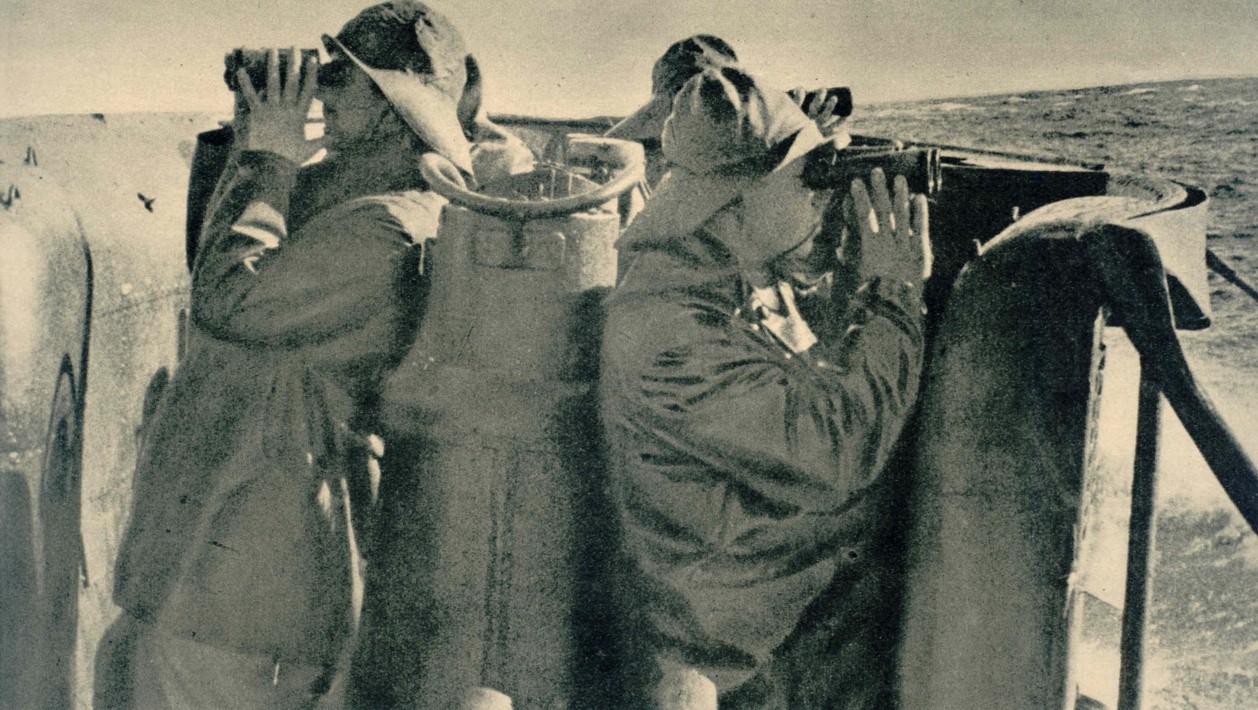 Watch crew on deck, scanning the horizon for ships. The sky for aircraft, and the...