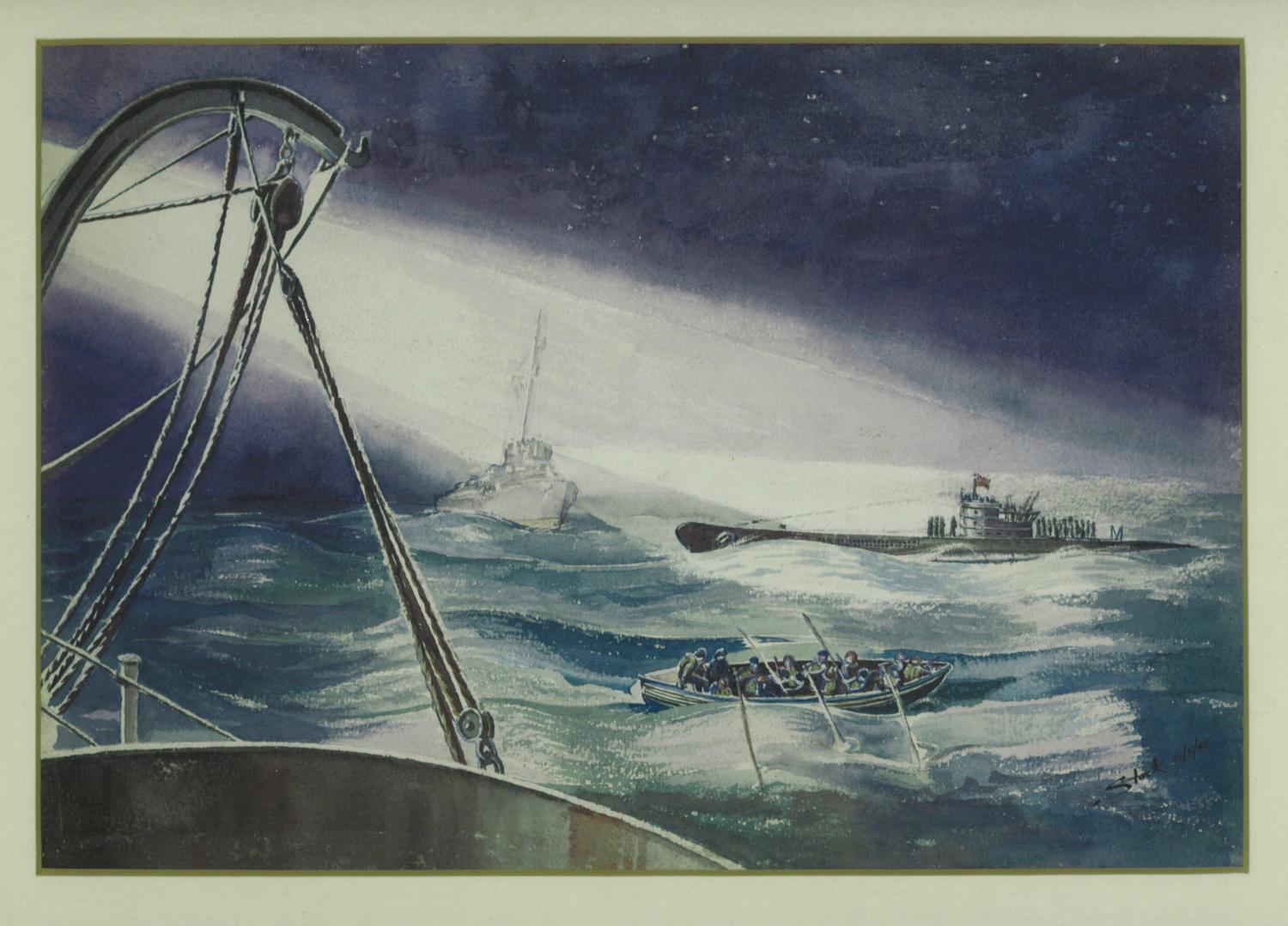 The surrender of U-1023 to HMS Mounsey (Lieutenant Commander G. C. Julian RNZNVR)...