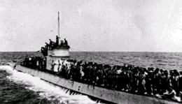 Survivors of the sunken Laconia cramped on the upper deck of U-156